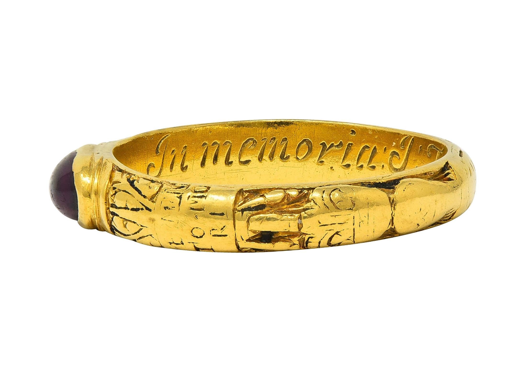 Georgian 1721 Ruby 18K Yellow Gold Antique Memento Mori Mourning Band Ring