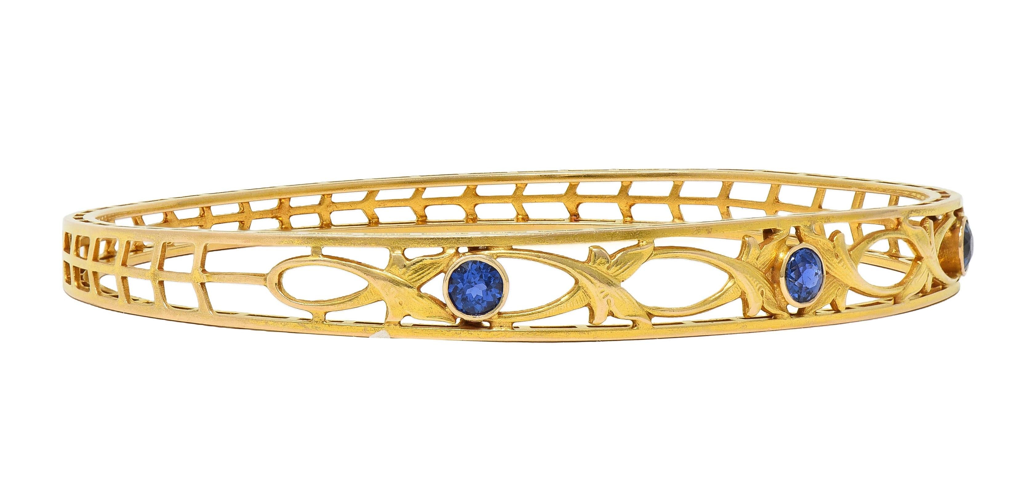 Burstow Kollmar Art Nouveau Sapphire 14K Yellow Gold Antique Bangle Bracelet