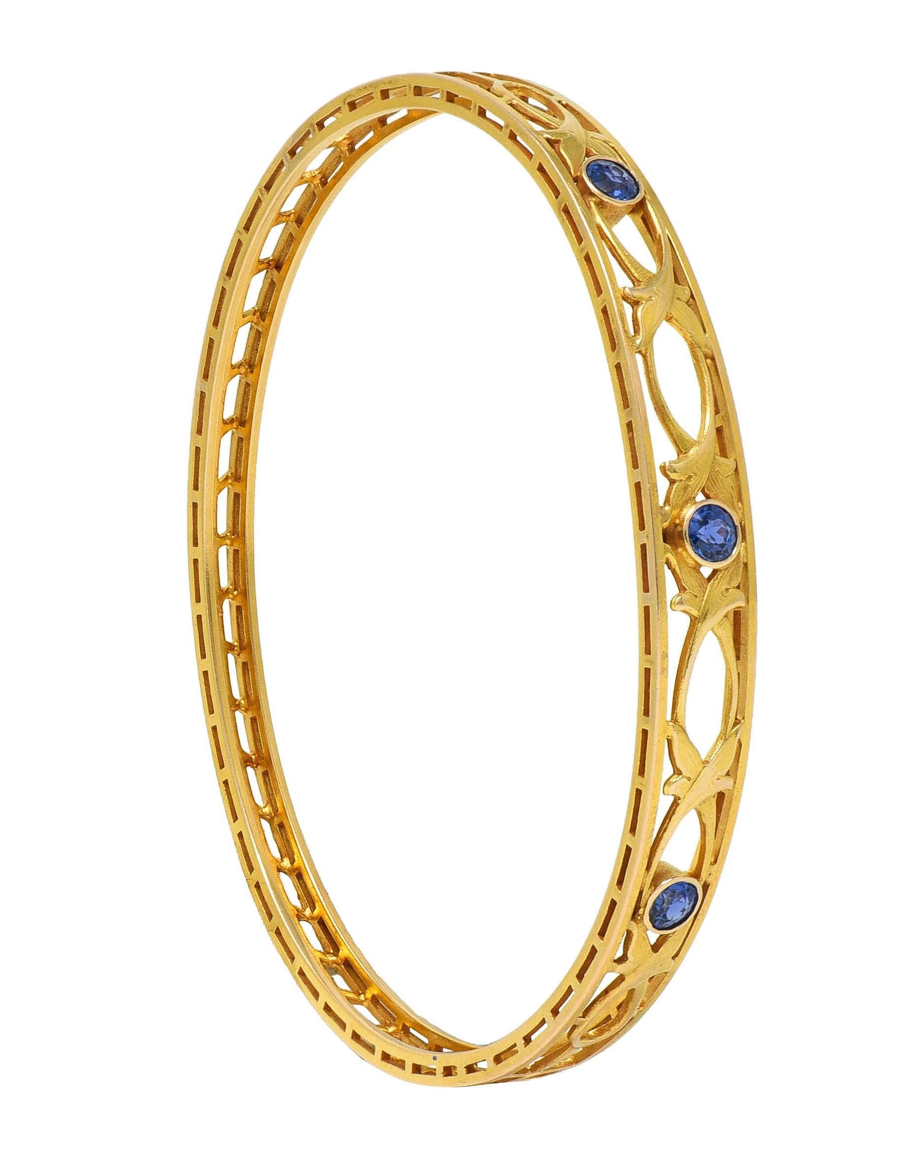 Burstow Kollmar Art Nouveau Sapphire 14K Yellow Gold Antique Bangle Bracelet