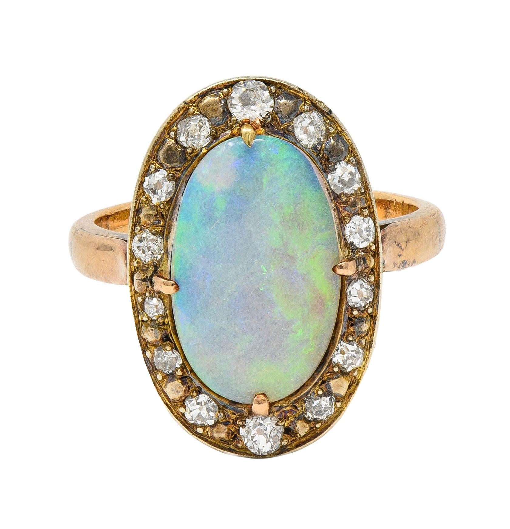 Victorian Opal Diamond 18 Karat Yellow Gold Antique Halo Ring