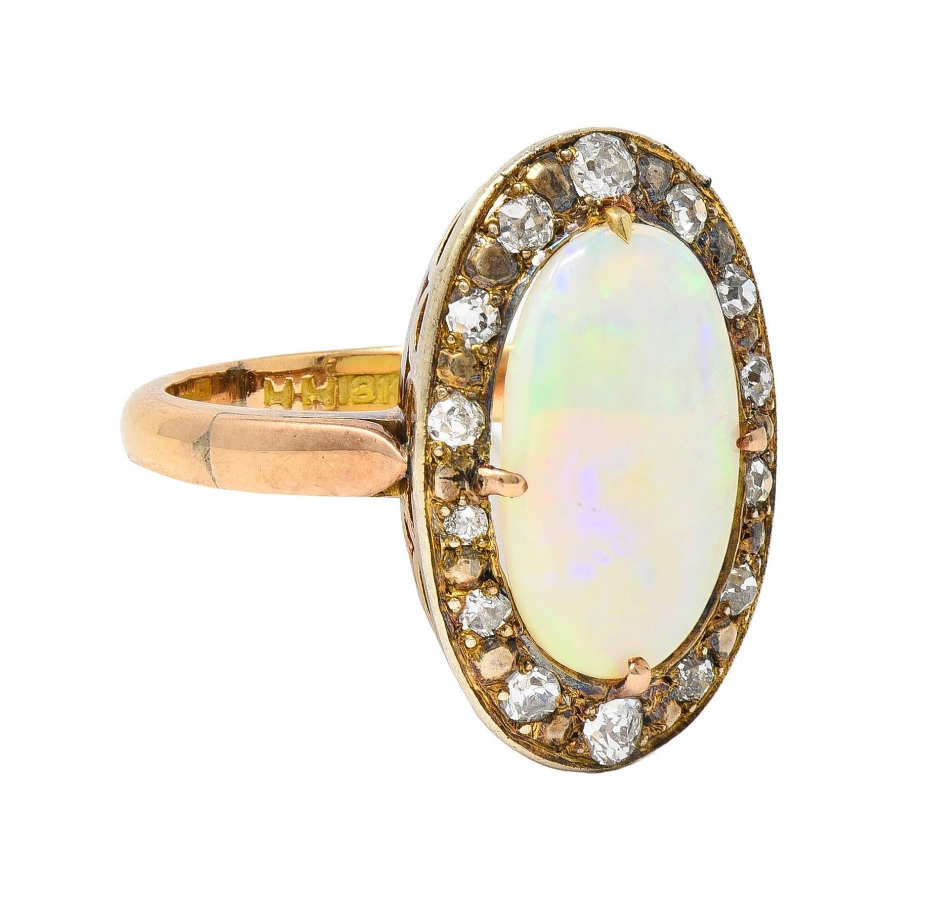 Victorian Opal Diamond 18 Karat Yellow Gold Antique Halo Ring