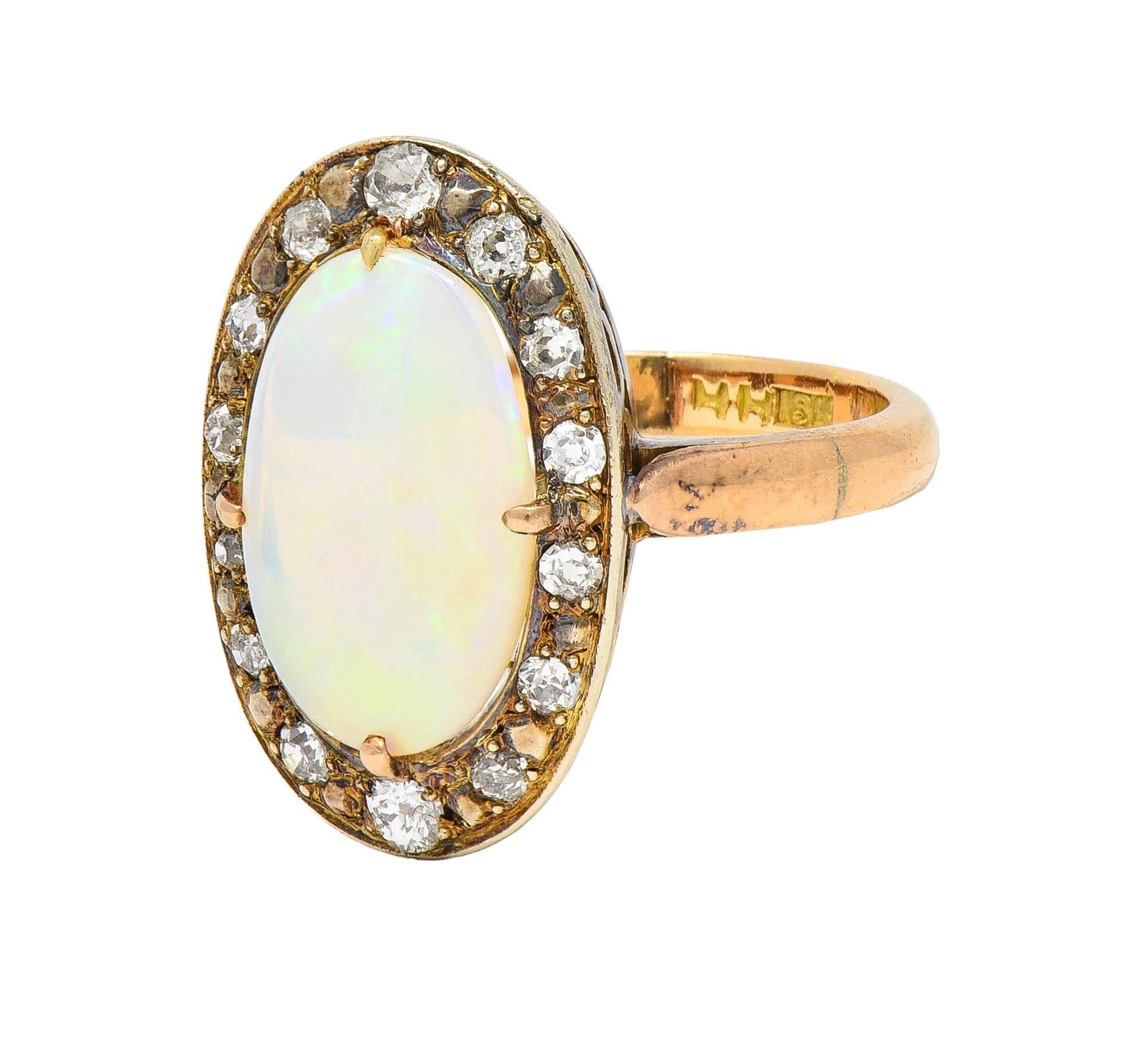 Victorian Opal Diamond 18 Karat Yellow Gold Antique Halo Ring