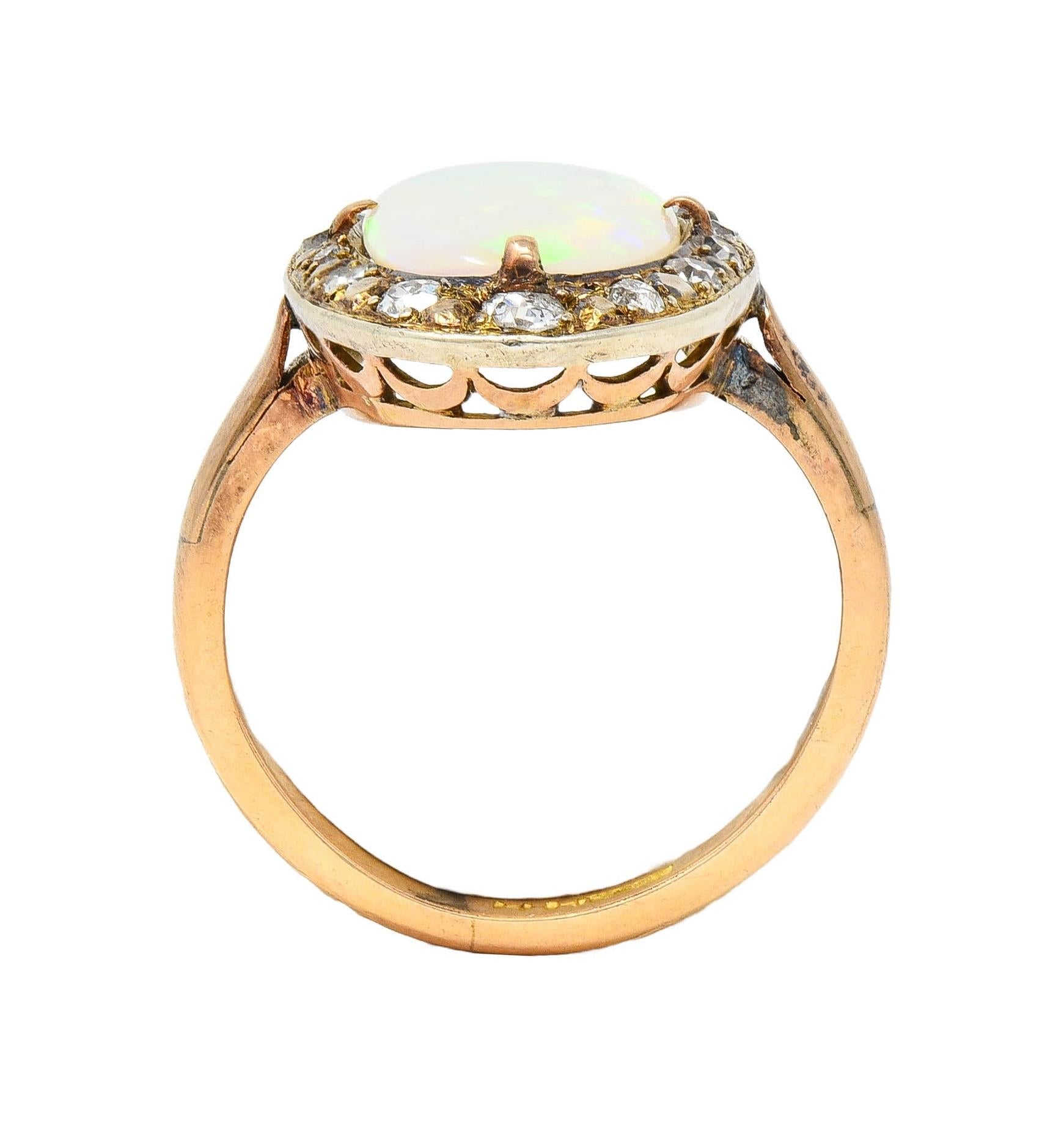 Victorian Opal Diamond 18 Karat Yellow Gold Antique Halo Ring