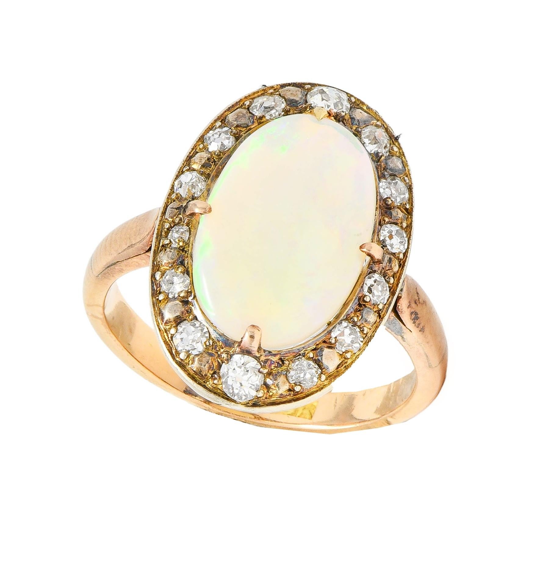 Victorian Opal Diamond 18 Karat Yellow Gold Antique Halo Ring