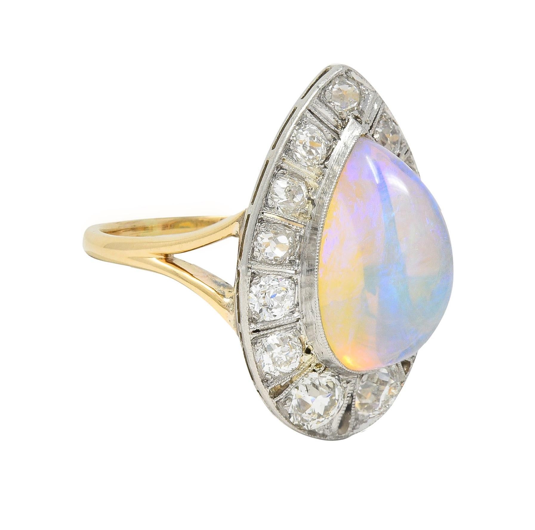 Edwardian Antique Pear Jelly Opal Diamond Platinum 14 Karat Gold Halo Ring