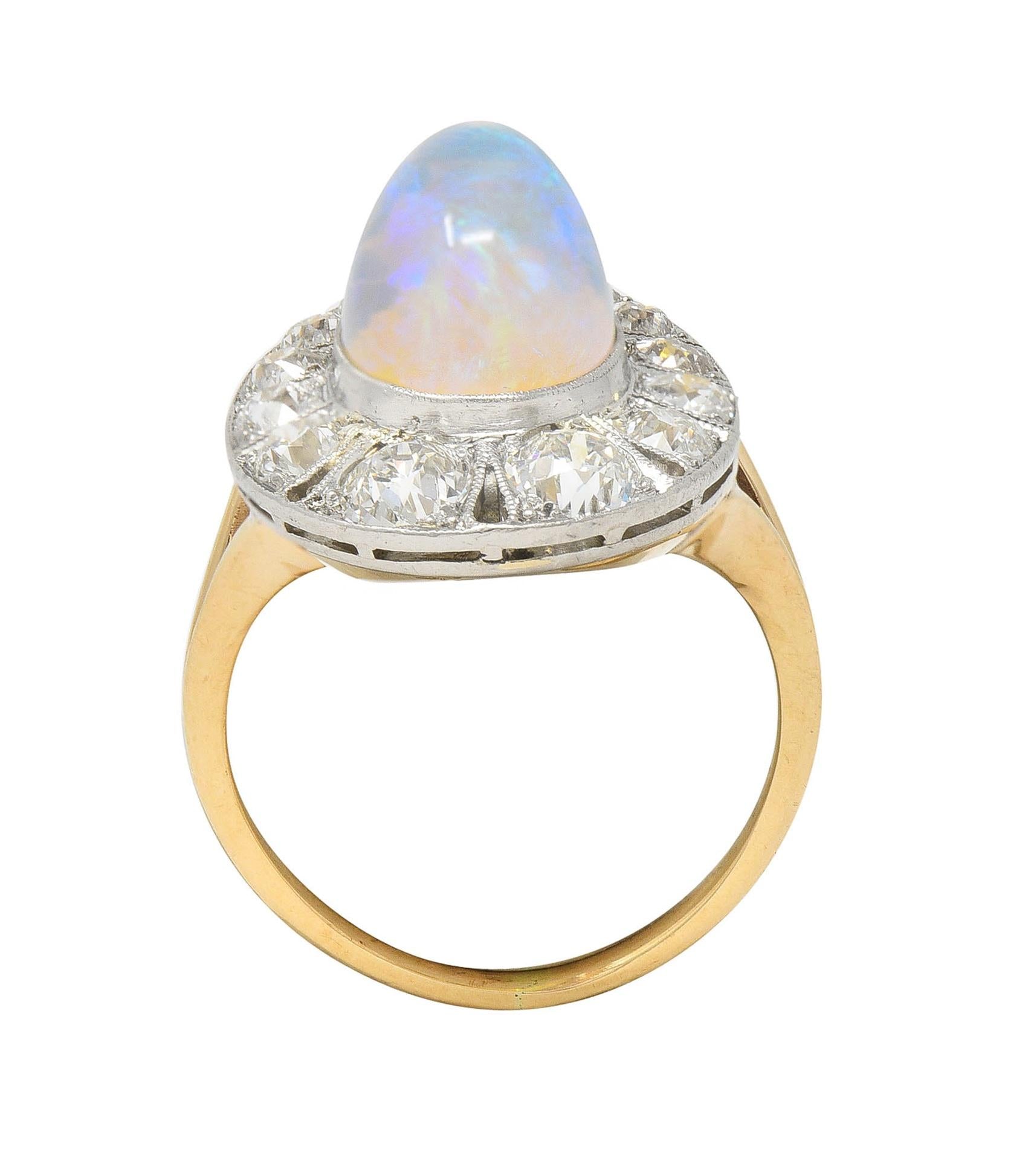 Edwardian Antique Pear Jelly Opal Diamond Platinum 14 Karat Gold Halo Ring