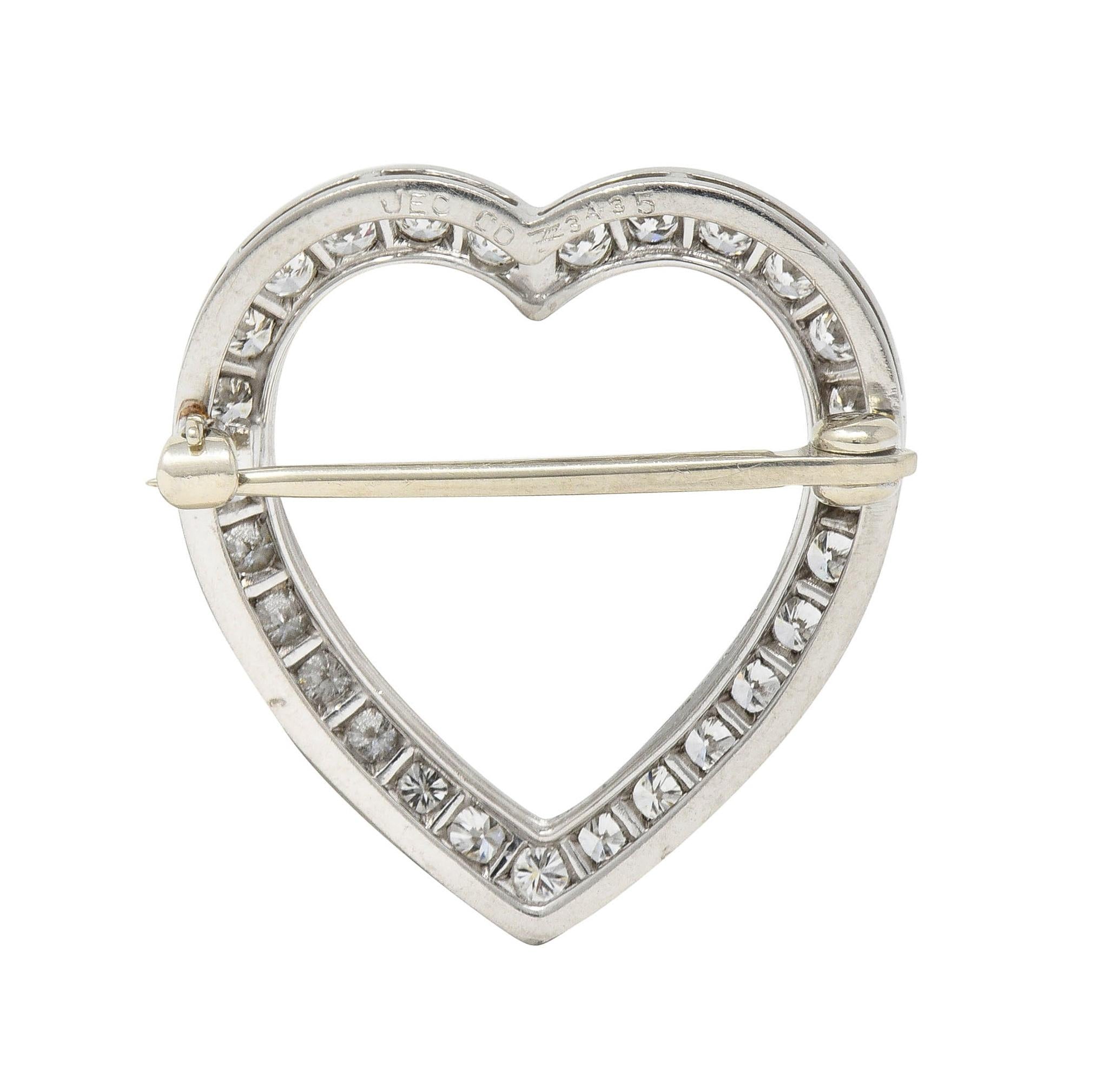 J.E. Caldwell Mid-Century 1.08 CTW Diamond Platinum Vintage Heart 1950's Brooch