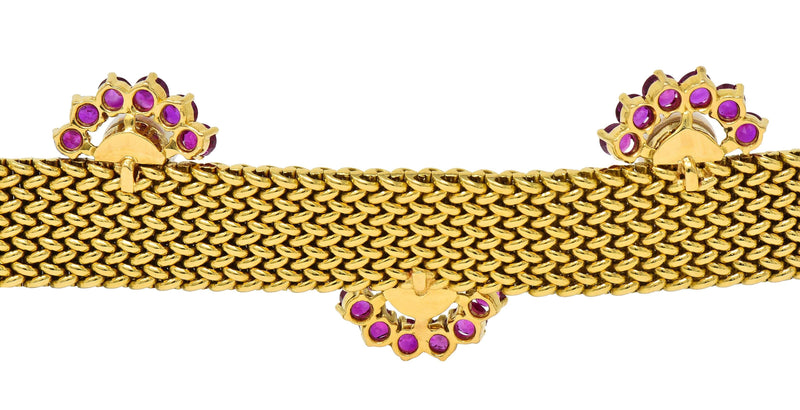 French 1960's Ruby Pearl 18 Karat Yellow Gold Woven Mesh Vintage Bracelet