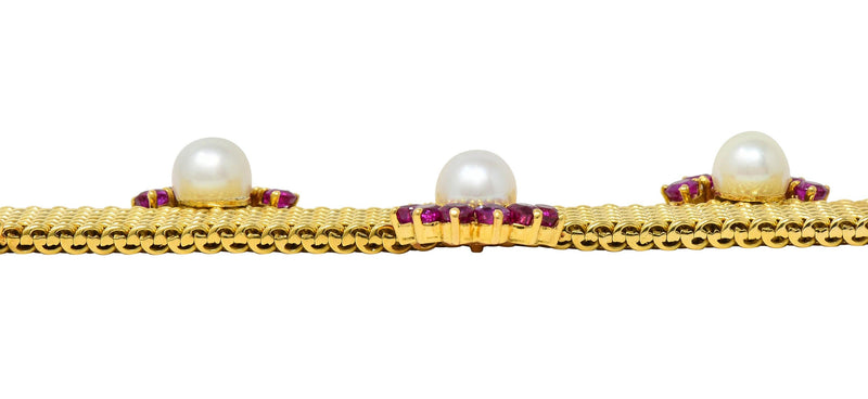 French 1960's Ruby Pearl 18 Karat Yellow Gold Woven Mesh Vintage Bracelet