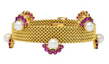 French 1960's Ruby Pearl 18 Karat Yellow Gold Woven Mesh Vintage Bracelet