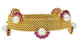 French 1960's Ruby Pearl 18 Karat Yellow Gold Woven Mesh Vintage Bracelet