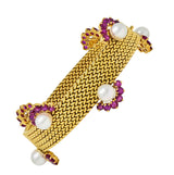 French 1960's Ruby Pearl 18 Karat Yellow Gold Woven Mesh Vintage Bracelet