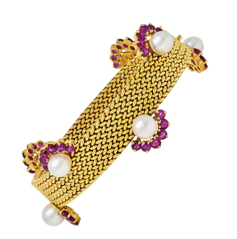 French 1960's Ruby Pearl 18 Karat Yellow Gold Woven Mesh Vintage Bracelet