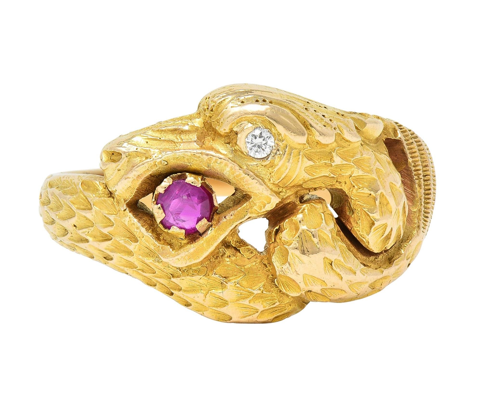 Victorian Ruby Diamond 14 Karat Yellow Gold Antique Unisex Griffin Ring