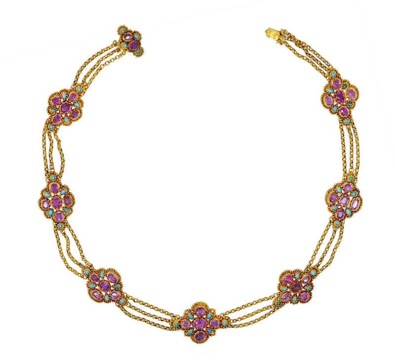 Victorian Etruscan Pink Sapphire Turquoise 18K Gold Antique Station Necklace