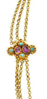 Victorian Etruscan Pink Sapphire Turquoise 18K Gold Antique Station Necklace