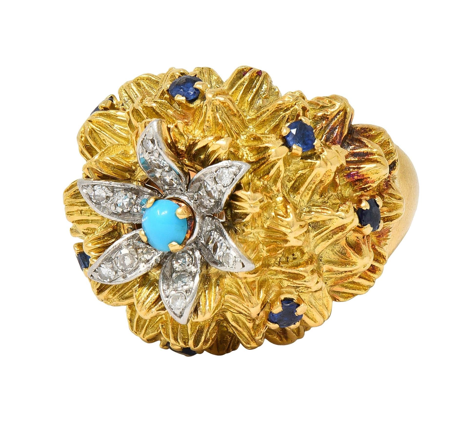 French Sapphire Diamond Turquoise Platinum 18 Karat Yellow Gold Cactus Ring