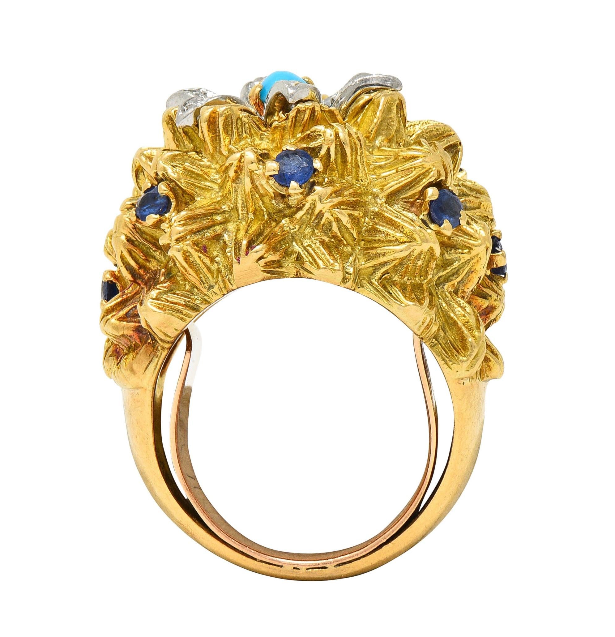 French Sapphire Diamond Turquoise Platinum 18 Karat Yellow Gold Cactus Ring