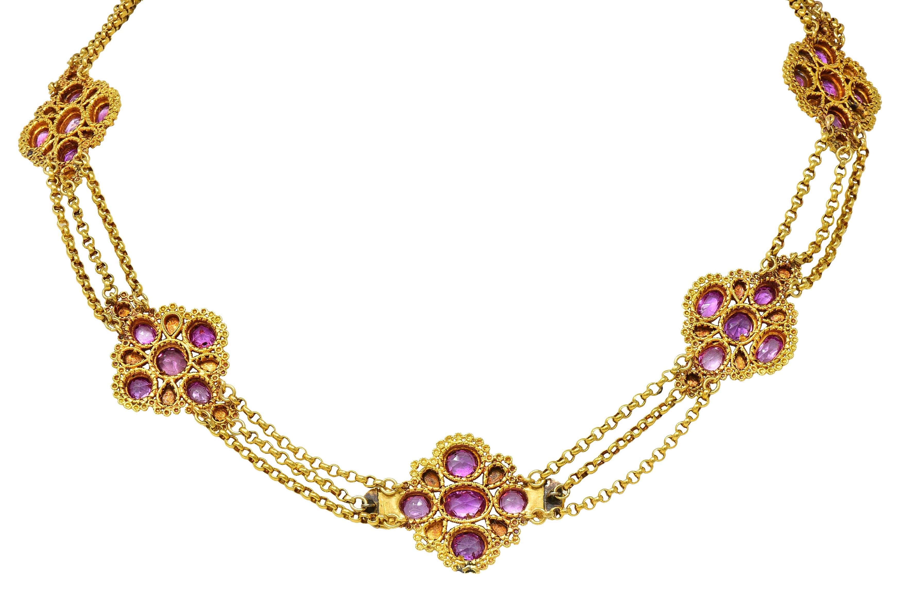 Victorian Etruscan Pink Sapphire Turquoise 18K Gold Antique Station Necklace