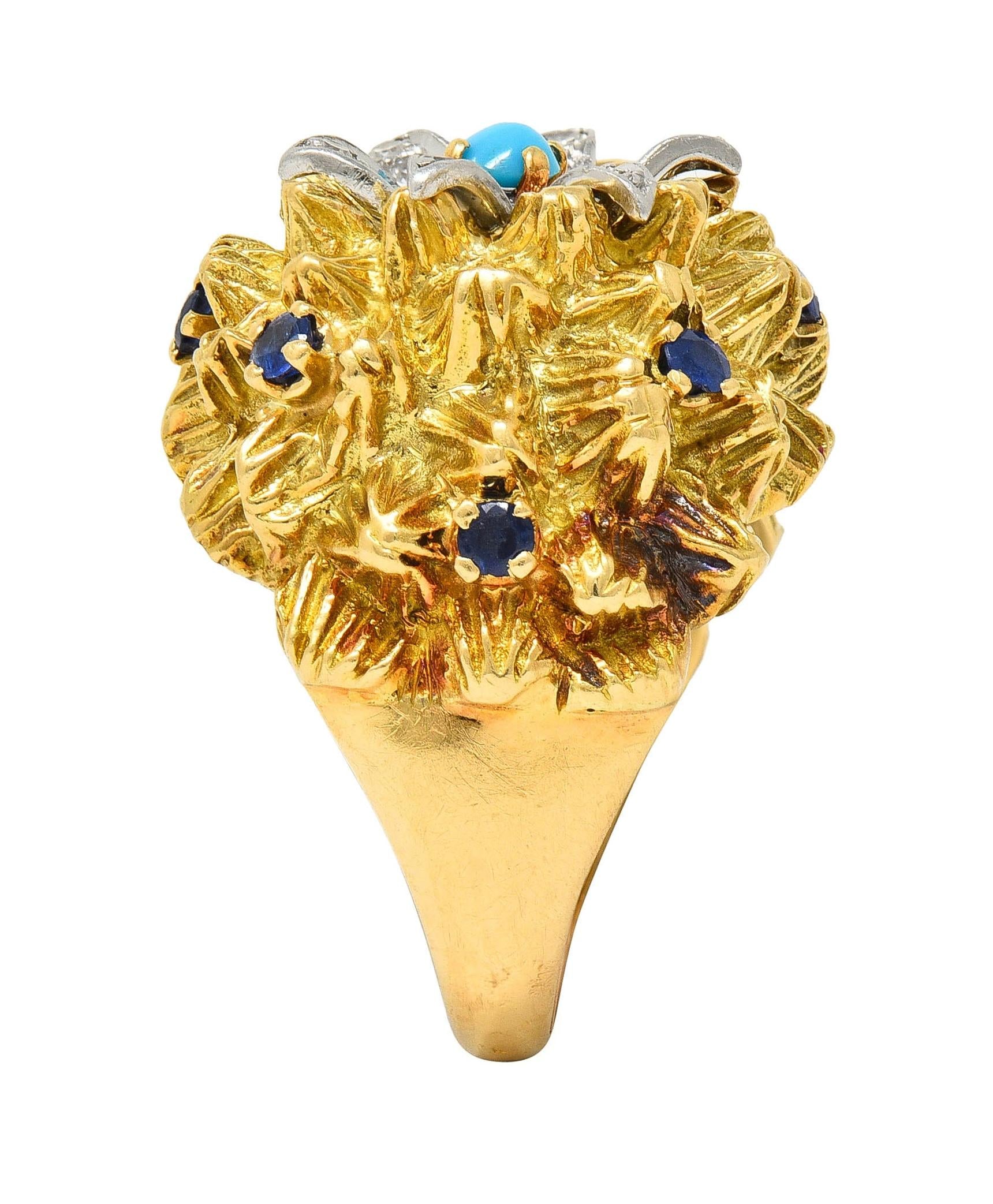 French Sapphire Diamond Turquoise Platinum 18 Karat Yellow Gold Cactus Ring