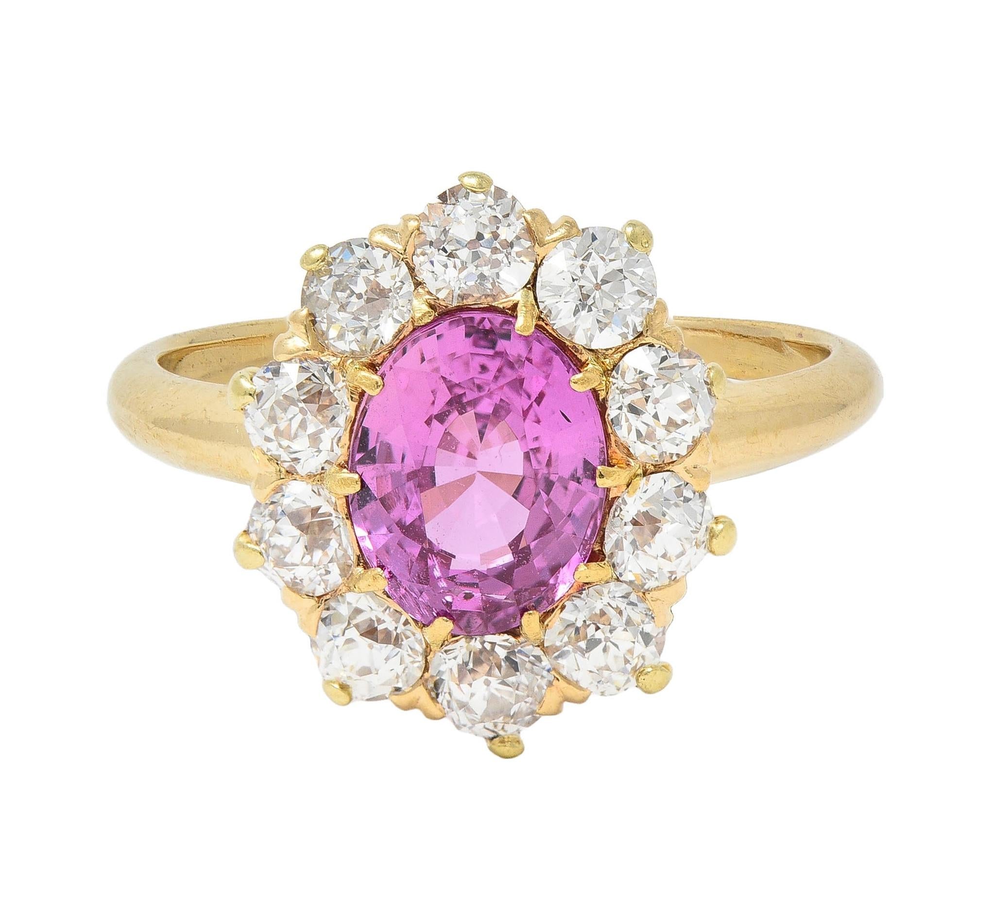 Vintage 2.46 CTW No Heat Pink Sapphire Diamond 14 Karat Gold Halo Ring GIA