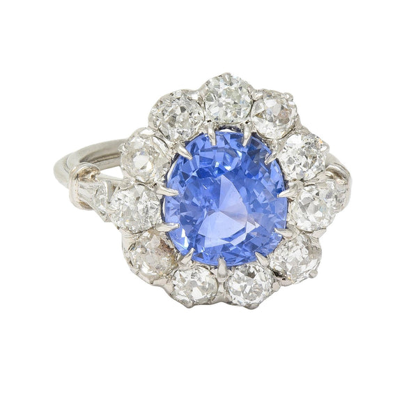 Art Deco 4.14 CTW No Heat Ceylon Sapphire Diamond Platinum Vintage Halo Ring GIA