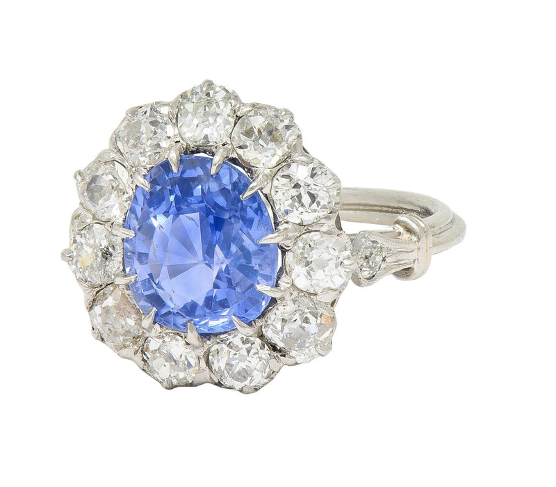 Art Deco 4.14 CTW No Heat Ceylon Sapphire Diamond Platinum Vintage Halo Ring GIA