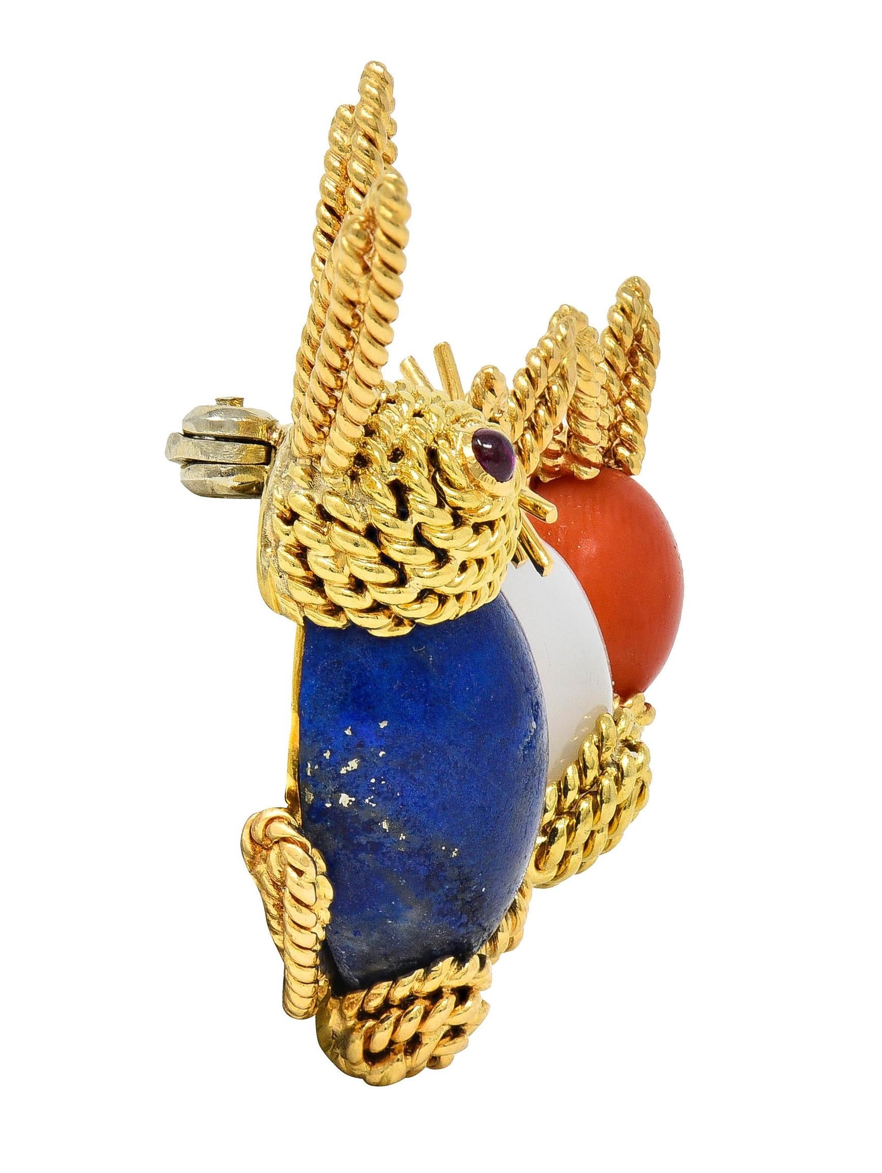 1960's Coral Lapis Lazuli Chalcedony Ruby 18K Yellow Gold Vintage Bunny Brooch