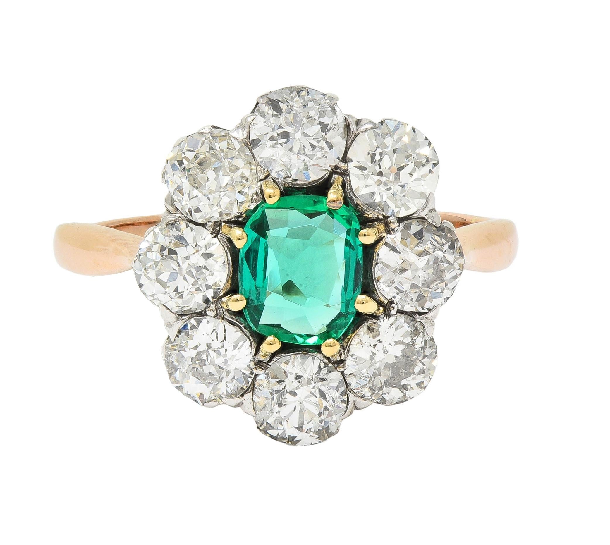 Victorian 2.69 CTW No Oil Colombian Emerald Diamond 14K Gold Antique Ring