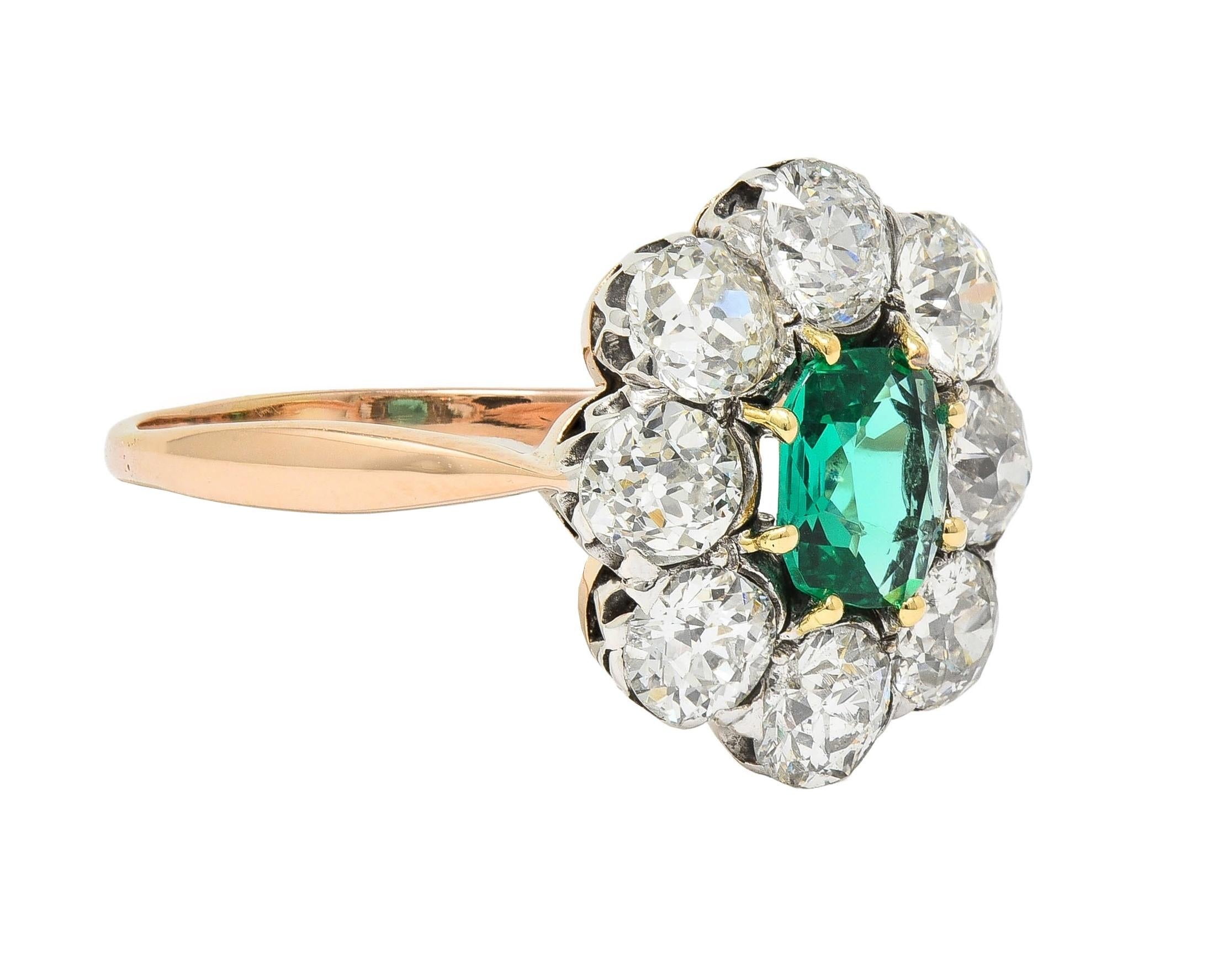 Victorian 2.69 CTW No Oil Colombian Emerald Diamond 14K Gold Antique Ring