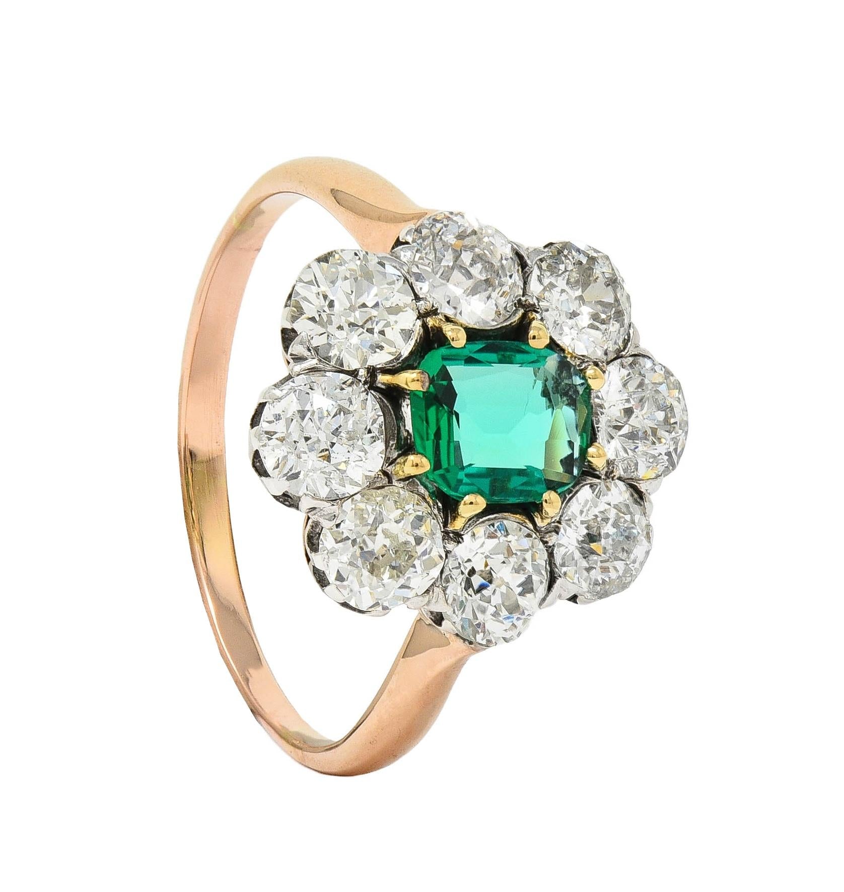 Victorian 2.69 CTW No Oil Colombian Emerald Diamond 14K Gold Antique Ring