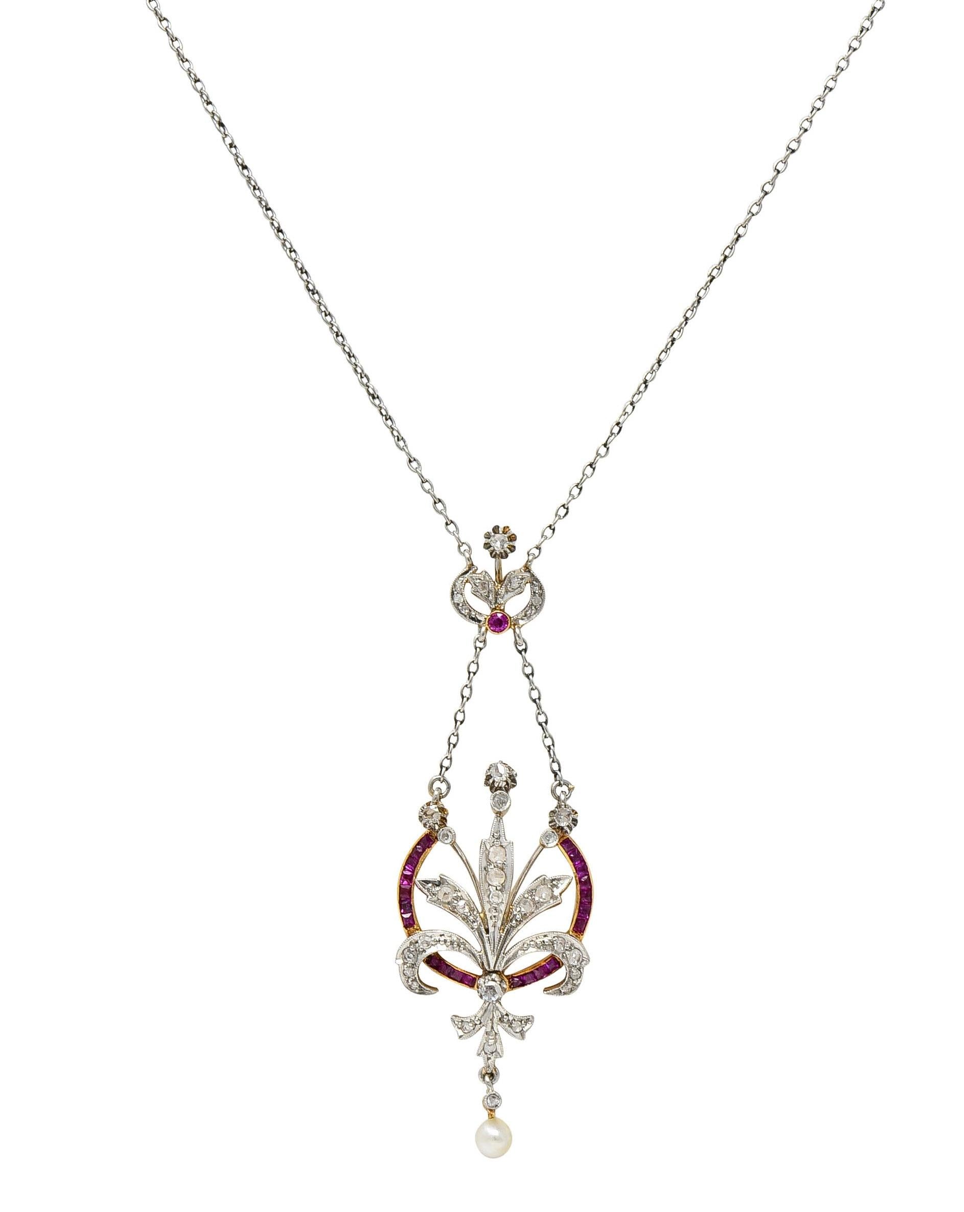 Edwardian 1.40 CTW Diamond Ruby Pearl Platinum 18K Gold Antique Bouquet Necklace