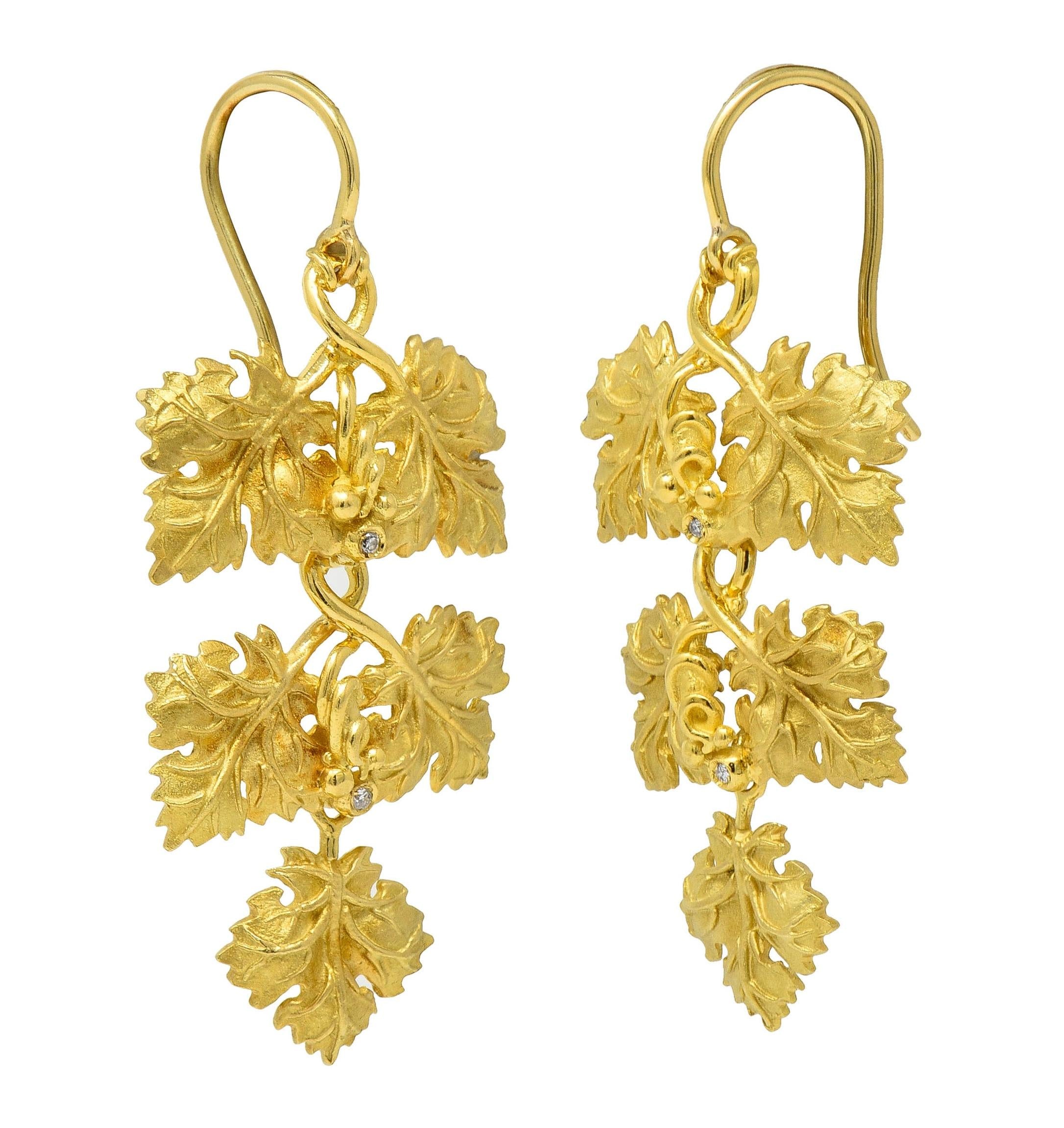 1950's Diamond 18 Karat Yellow Gold Grapevine Vintage Drop Earrings