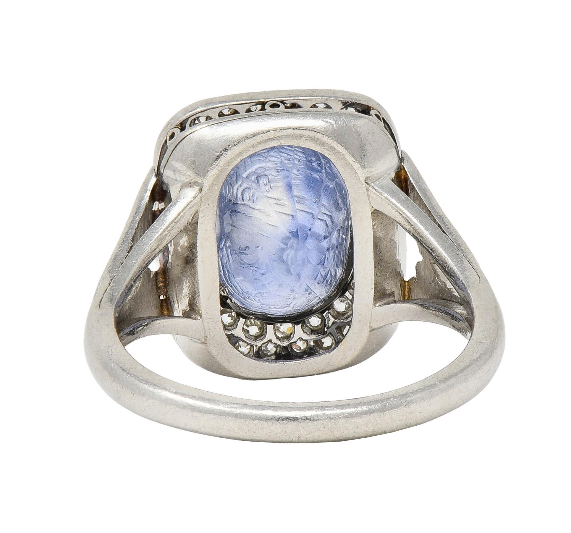 Art Deco 4.45 CTW Sapphire Diamond Platinum Antique Carved Napoleon Cameo Ring