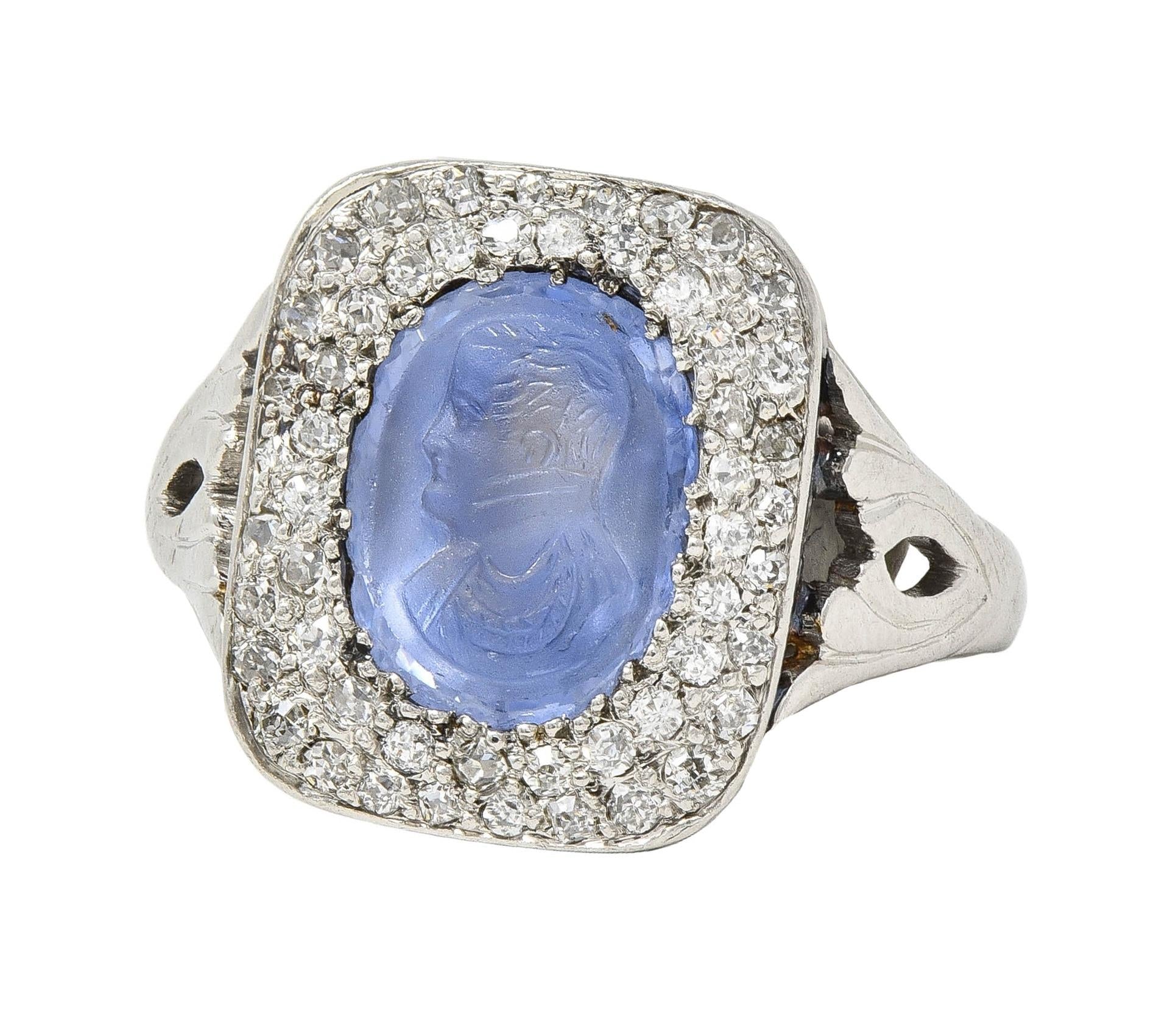 Art Deco 4.45 CTW Sapphire Diamond Platinum Antique Carved Napoleon Cameo Ring