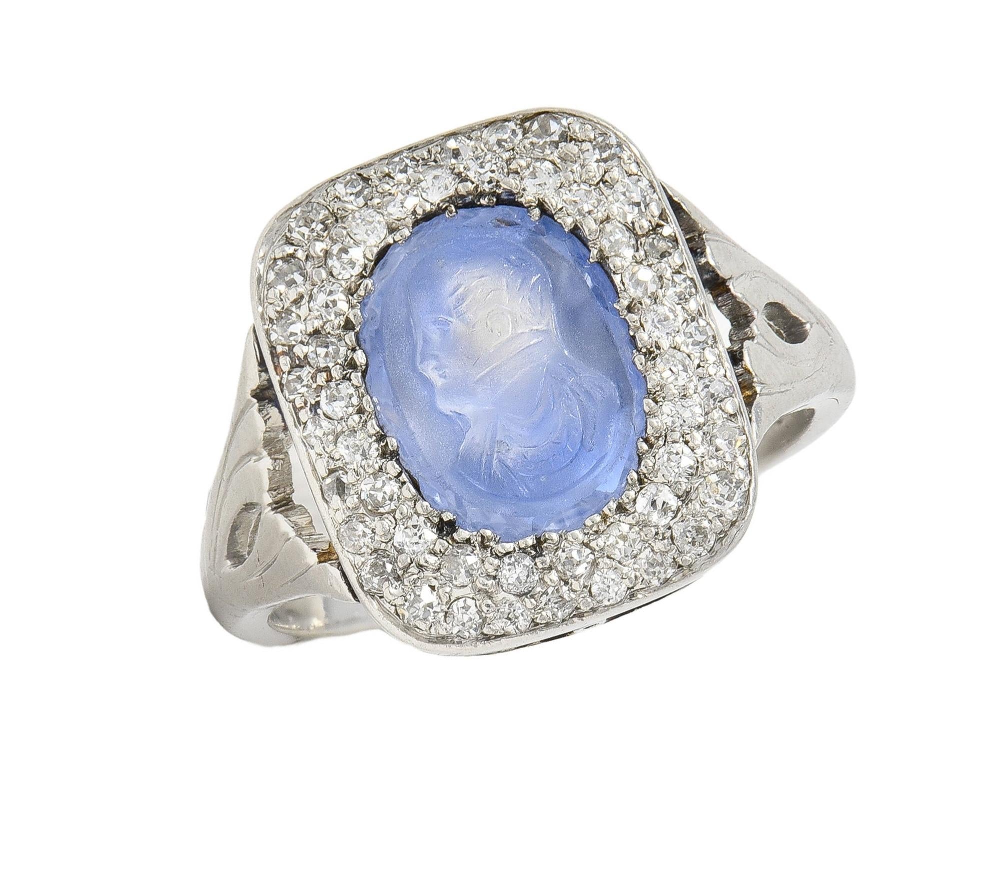 Art Deco 4.45 CTW Sapphire Diamond Platinum Antique Carved Napoleon Cameo Ring