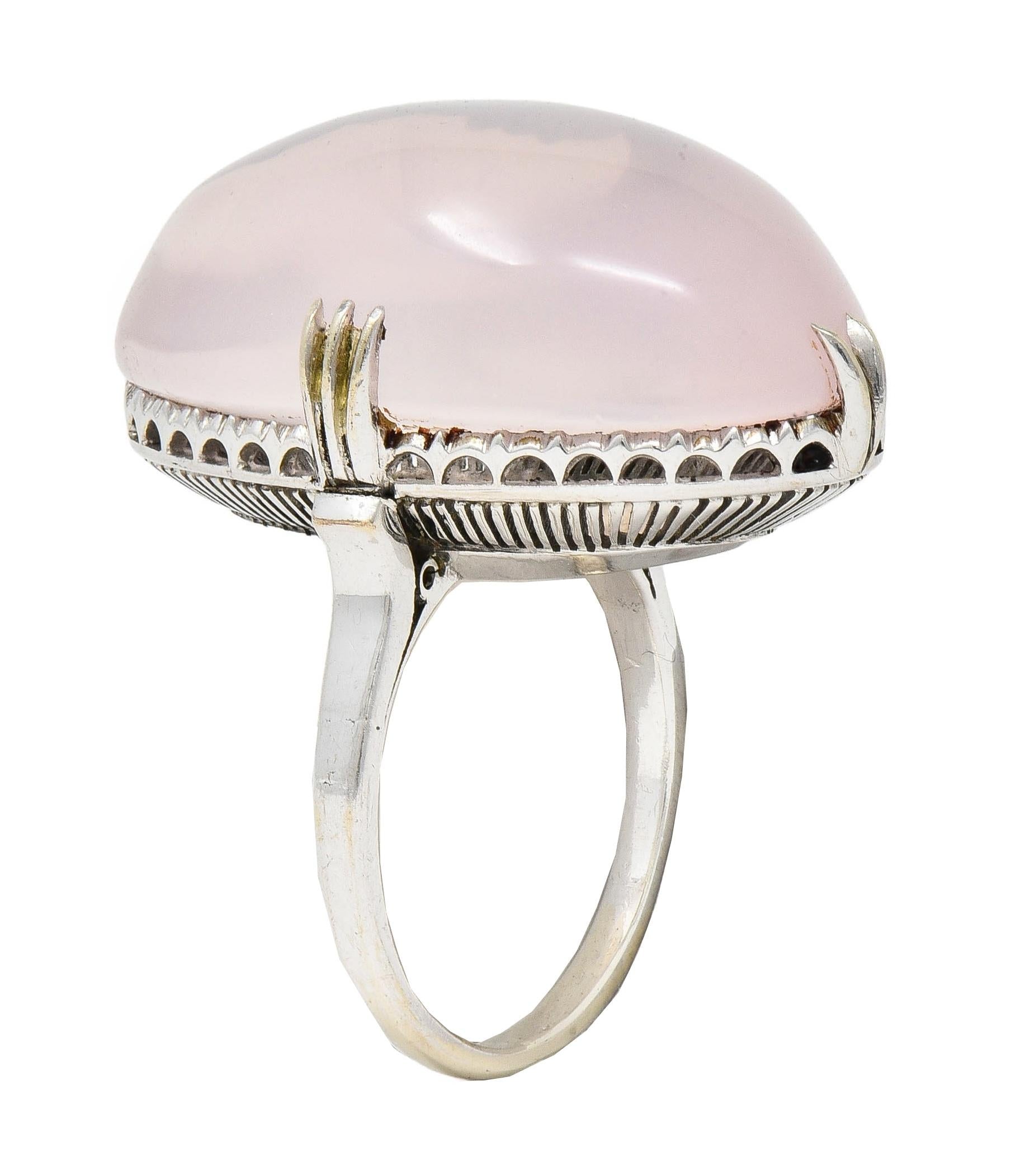 Mid-Century Rose Quartz Cabochon 14 Karat White Gold Vintage Cocktail Ring