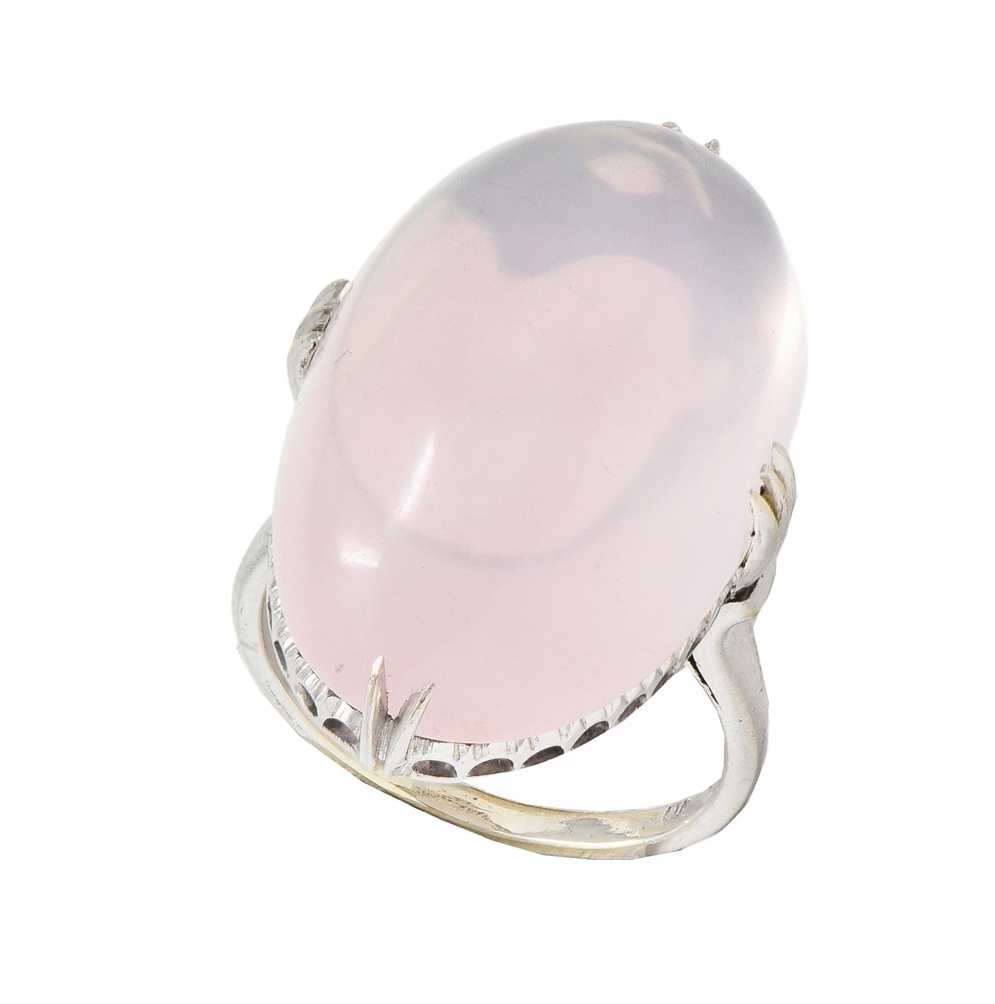 Mid-Century Rose Quartz Cabochon 14 Karat White Gold Vintage Cocktail Ring