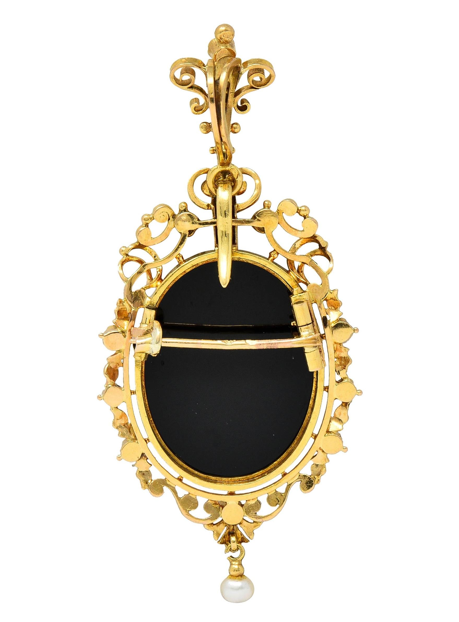 French Victorian Pearl Carved Agate Onyx 18 Karat Gold Antique Pendant Brooch