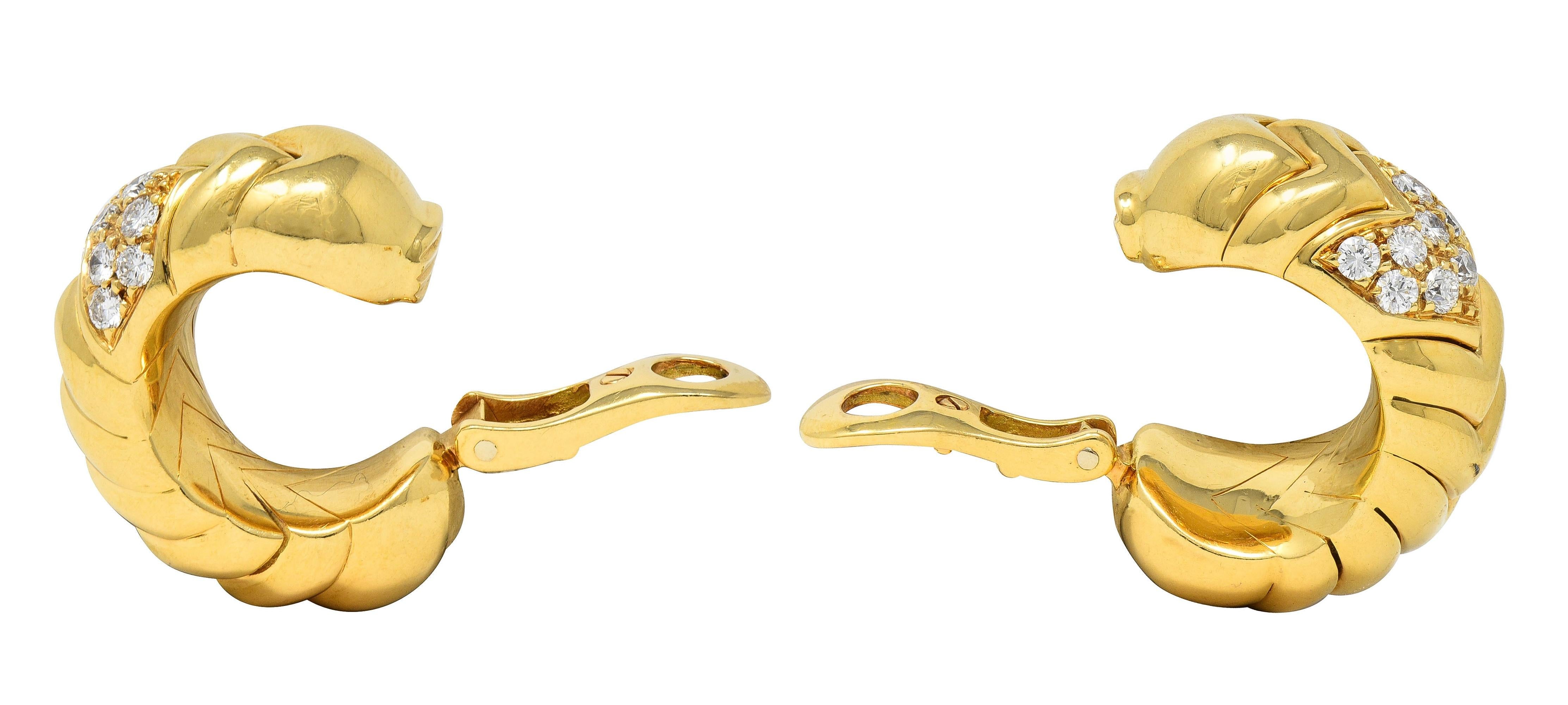 Bulgari 1980's Pavé Diamond 18 Karat Gold Vintage Spiga J-Hoop Ear-Clip Earrings