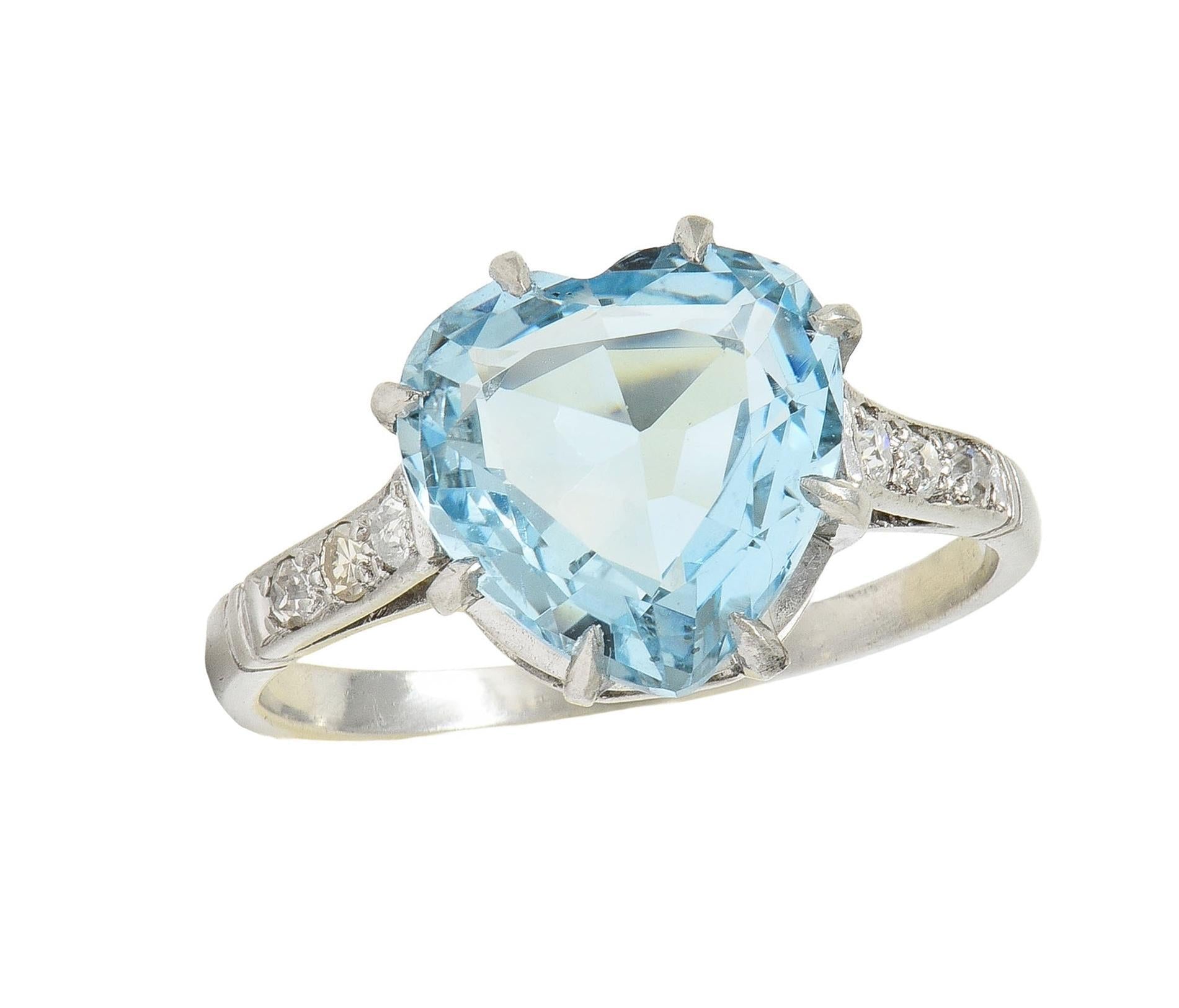 Mid-Century 2.78 CTW Aquamarine Diamond Platinum Vintage Heart Ring