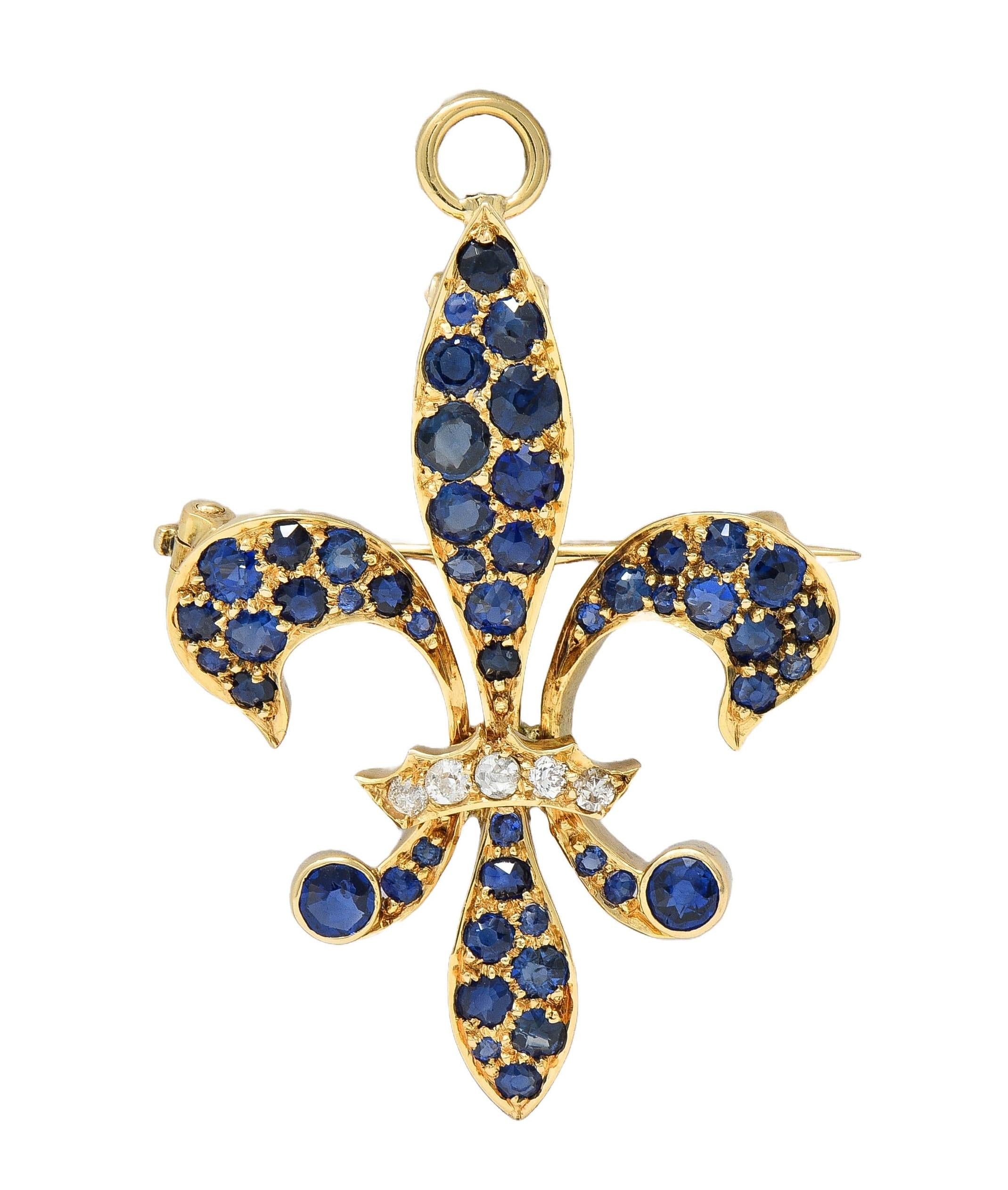 Victorian 2.80 CTW Sapphire Diamond 14K Gold Antique Fleur-De-Lis Pendant Brooch