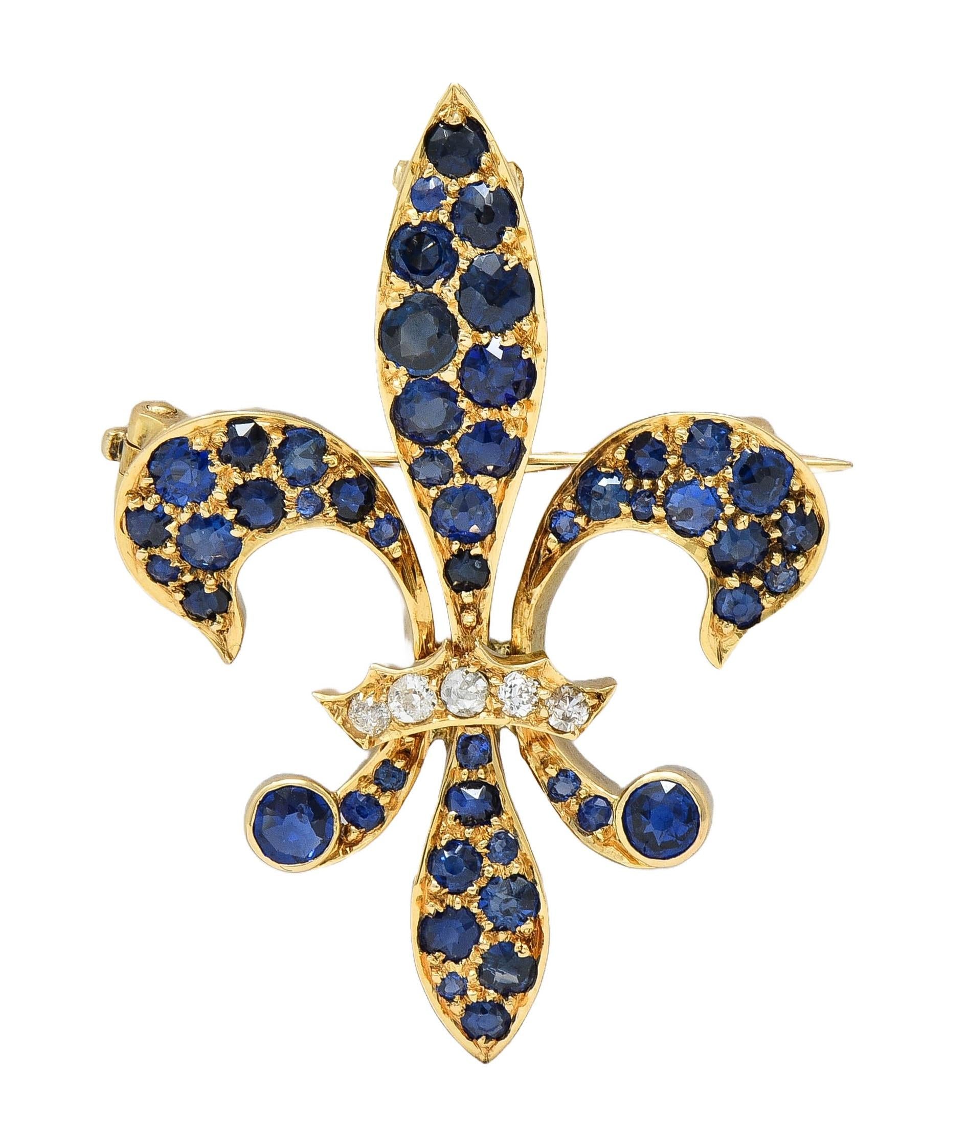 Victorian 2.80 CTW Sapphire Diamond 14K Gold Antique Fleur-De-Lis Pendant Brooch