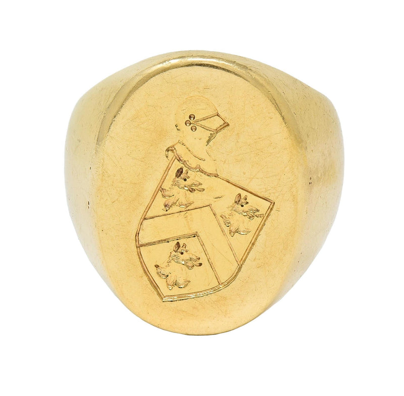 Victorian 14K Yellow Gold Antique Heraldic Crest Intaglio Unisex Signet Ring