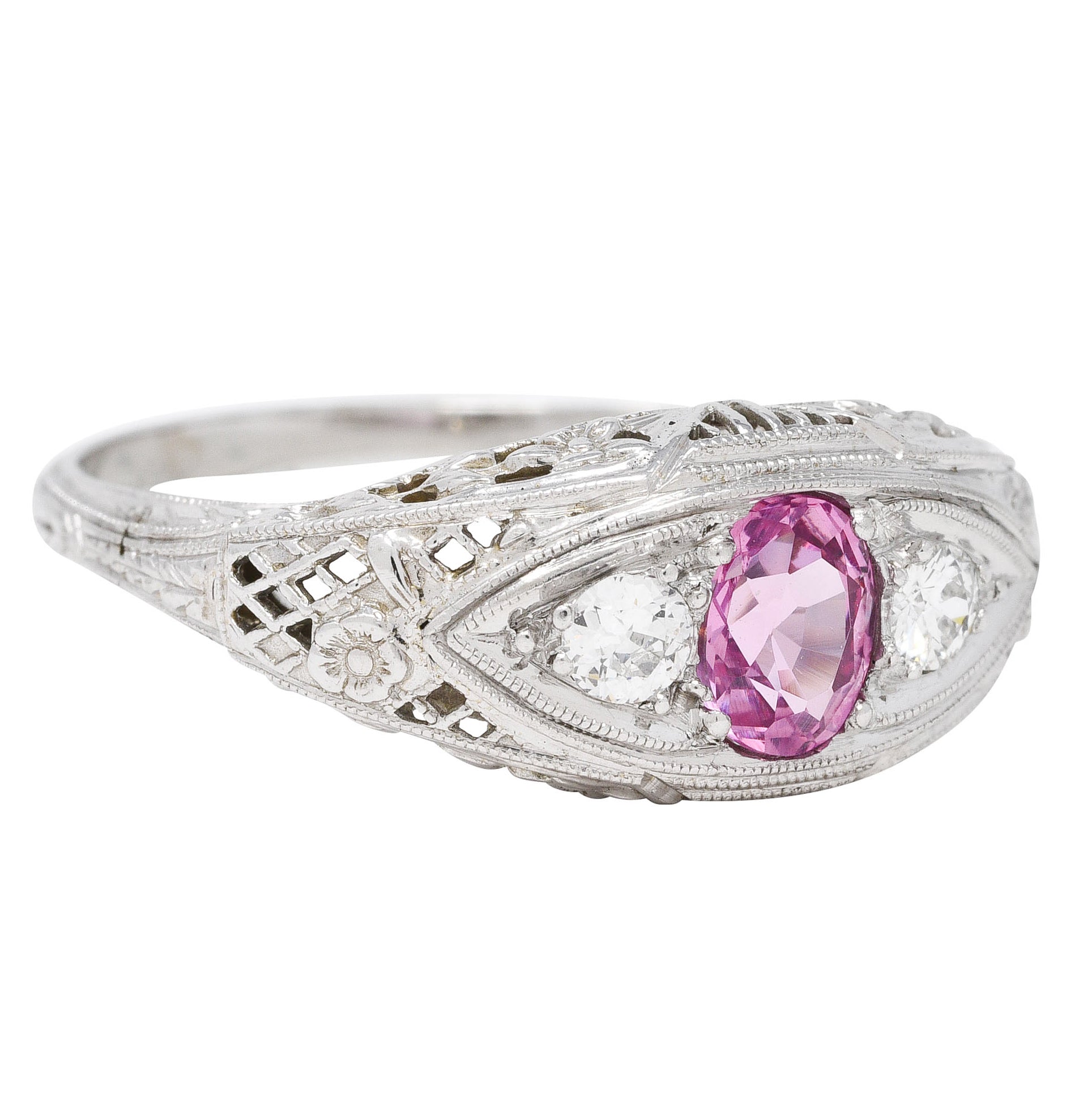 Art Deco 0.80 CTW Oval Cut Pink Sapphire Diamond 18 Karat White Gold Floral Garland Three Stone Ring Wilson's Estate Jewelry