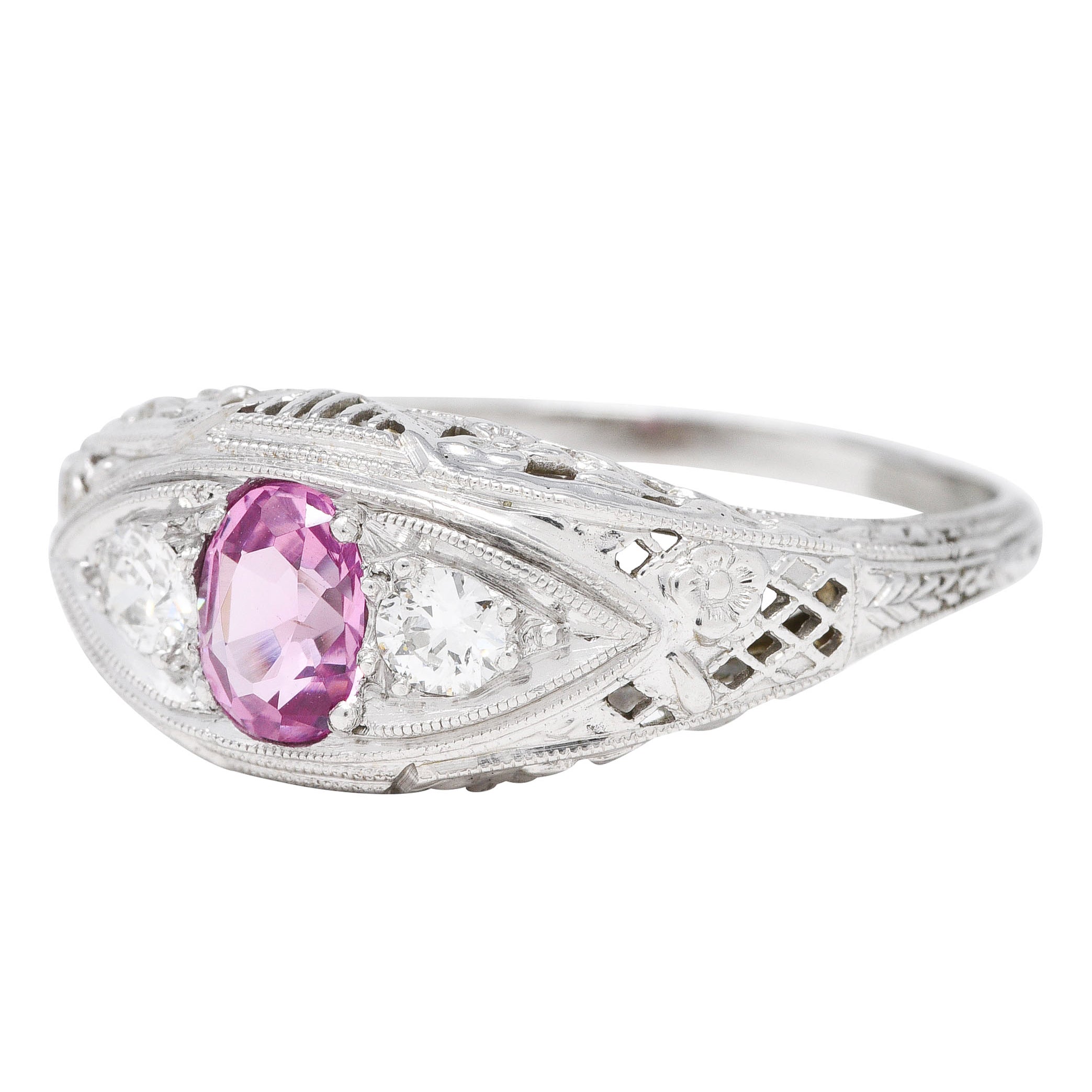 Art Deco 0.80 CTW Oval Cut Pink Sapphire Diamond 18 Karat White Gold Floral Garland Three Stone Ring Wilson's Estate Jewelry