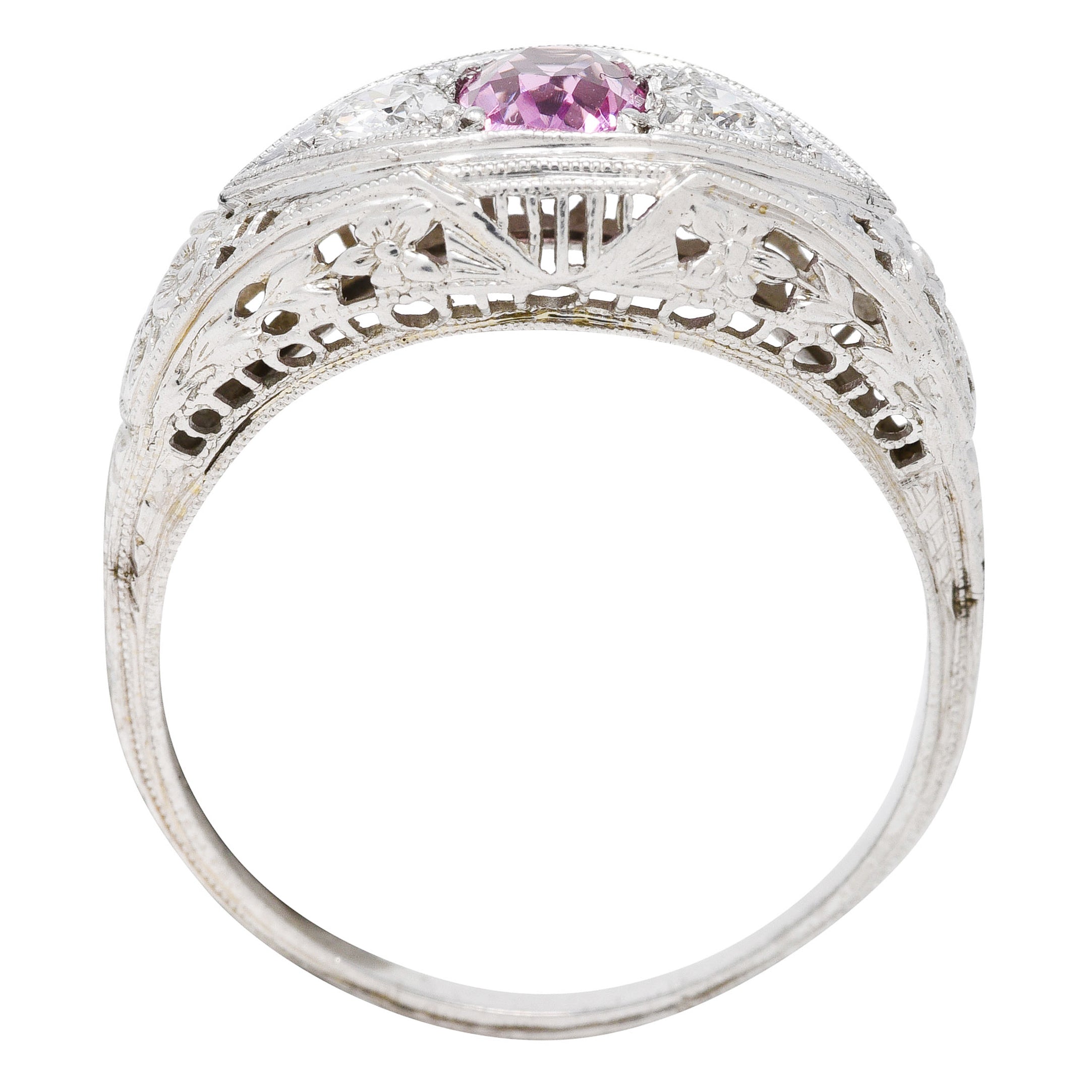 Art Deco 0.80 CTW Oval Cut Pink Sapphire Diamond 18 Karat White Gold Floral Garland Three Stone Ring Wilson's Estate Jewelry