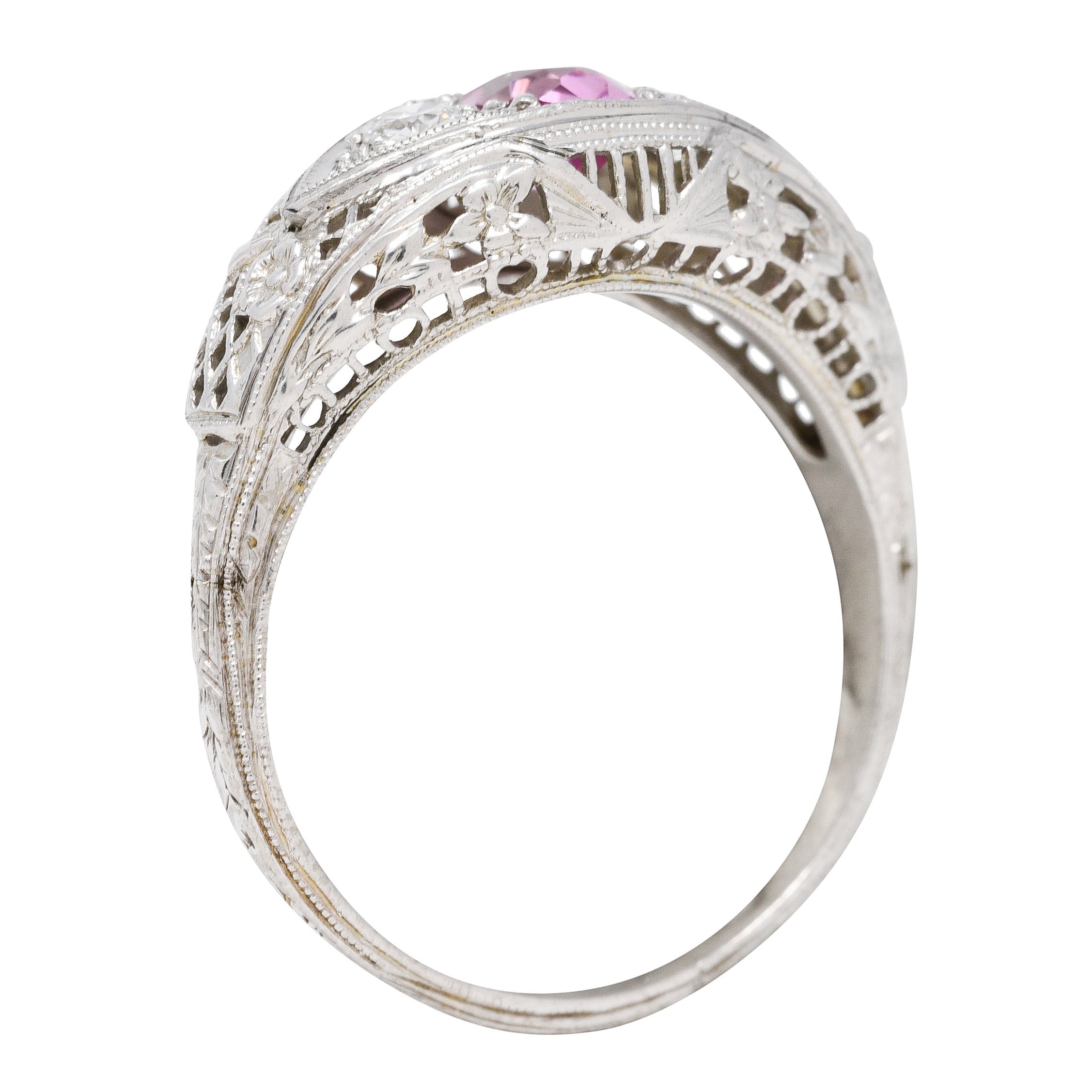 Art Deco 0.80 CTW Oval Cut Pink Sapphire Diamond 18 Karat White Gold Floral Garland Three Stone Ring Wilson's Estate Jewelry