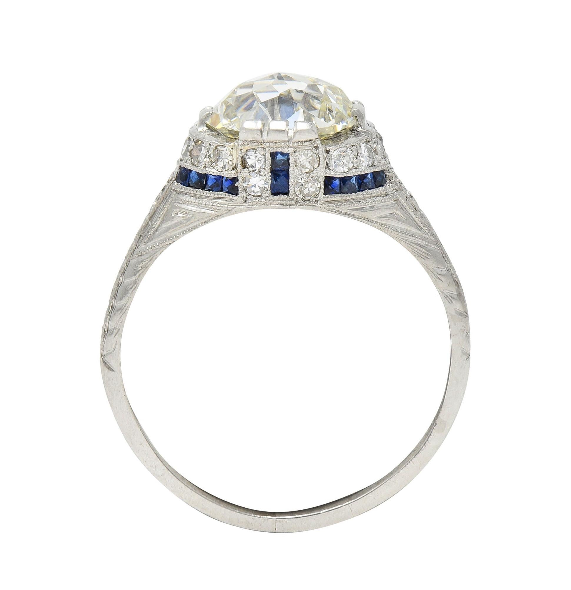 Art Deco 3.29 CTW Jubilee Diamond Sapphire Platinum Vintage Engagement Ring GIA