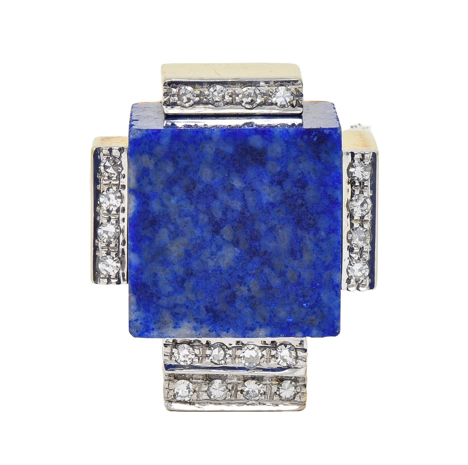 Dutch Modernist Lapis Lazuli Diamond Platinum 18 Karat Gold Vintage Cube Ring